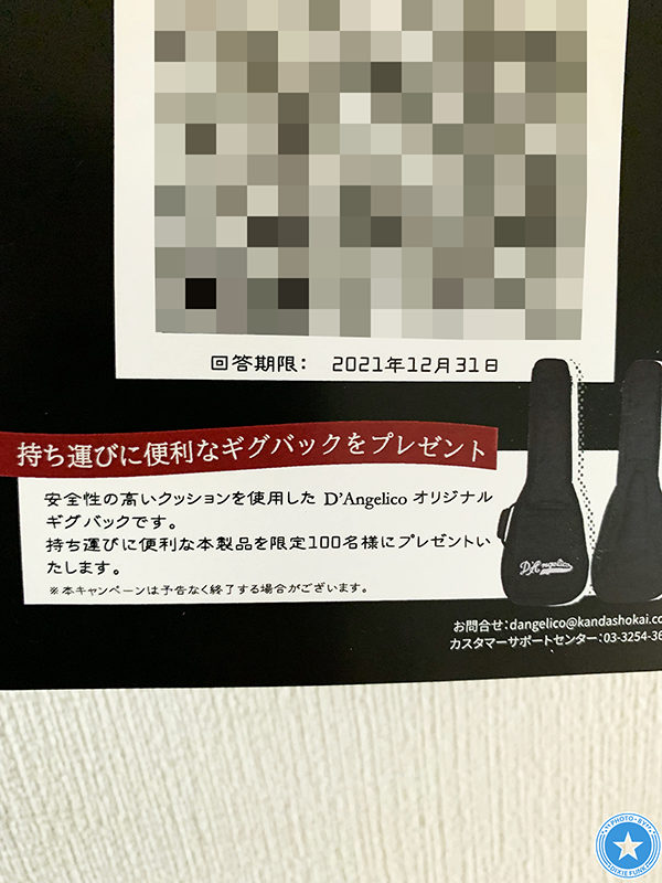 ギグバックが当たるD’Angelico（ディアンジェリコ）のプレゼント企画を記載したハガキの写真3枚目