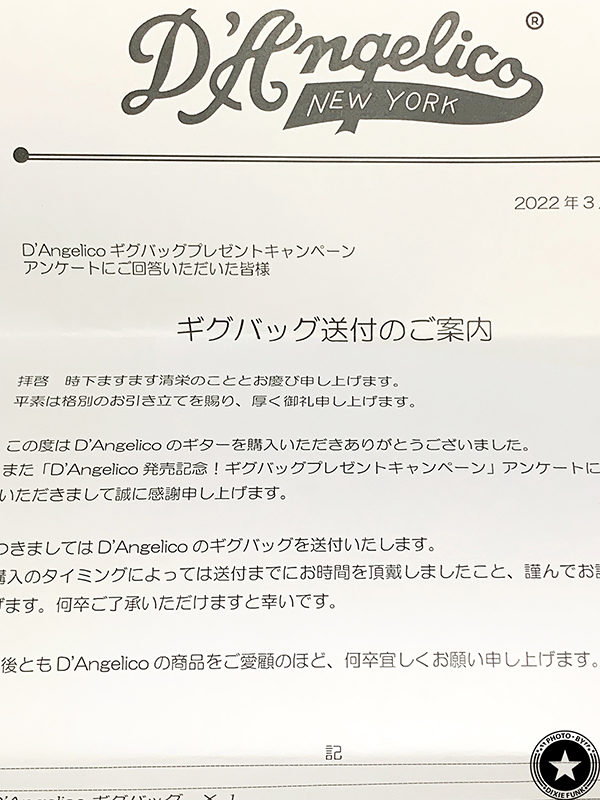 プレゼント企画で当選したD’Angelico（ディアンジェリコ）のギグバックの送付案内書の写真